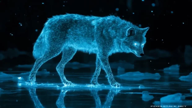 Frozen lake reflection with glowing blue wolf.
