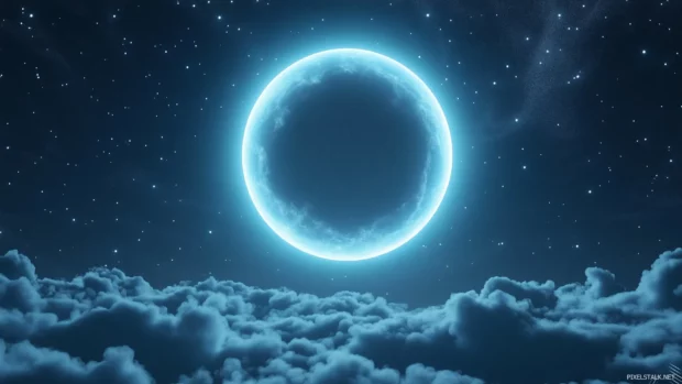 Full moon glows in night sky, halo around, light clouds texture.