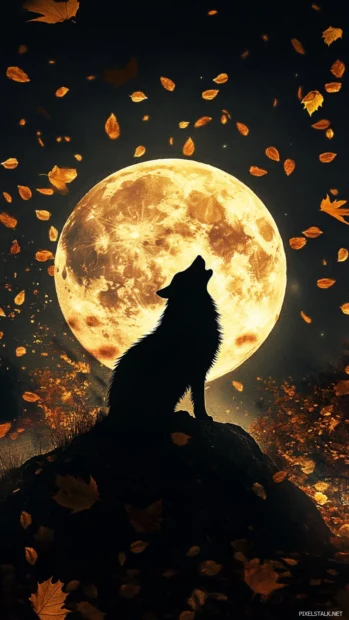 Full moon howling wolf scene with scattered leaves swirling around the howling figure.
