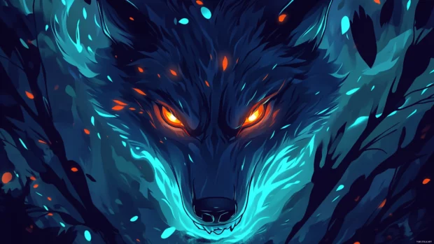 Furious wolf background with intense eyes glowing in the dark forest as it snarls aggressively.
