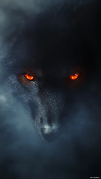 Furious wolf iPhone background where the creature red eyes pierce through heavy fog.