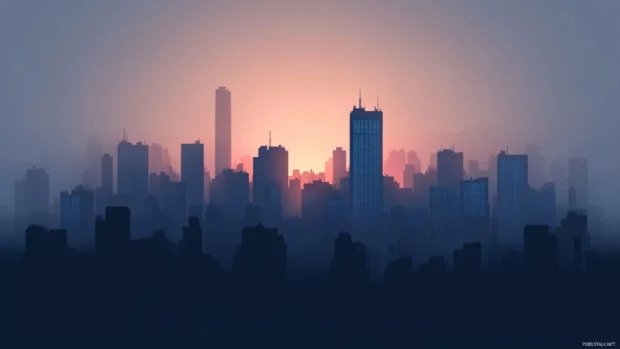 Futuristic Dark City Wallpaper with mist and dark silhouettes in backlight.