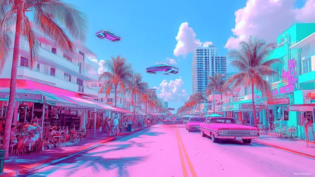 Futuristic Miami Beach scene featuring flying cars and holographic ads.