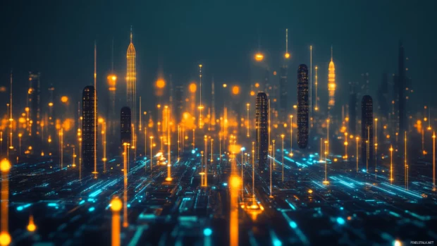 Futuristic black city wallpaper with illuminated towers and hovering lights.