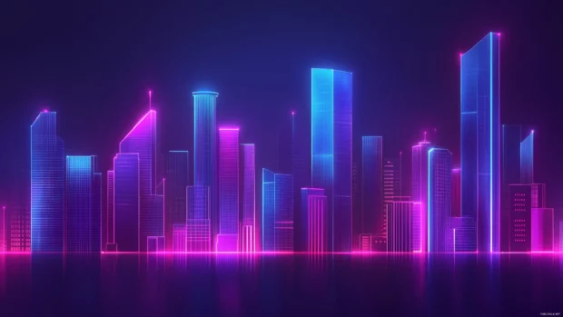 Futuristic city skyline at night, glowing neon lights, sleek towering architecture.