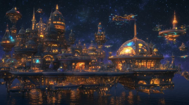 Futuristic floating city, vehicles fly, structures glow, against starry night.