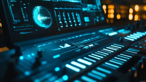 Futuristic music console with holographic interface.