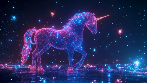 Futuristic unicorn glowing scene with vibrant lights and floating binary stars.