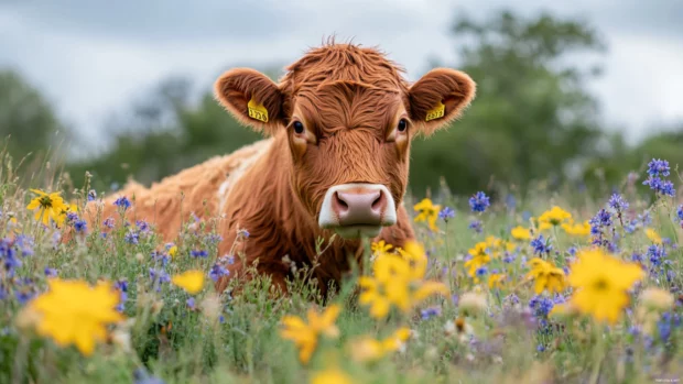 Fuzzy cow surrounded by spring wildflowers.