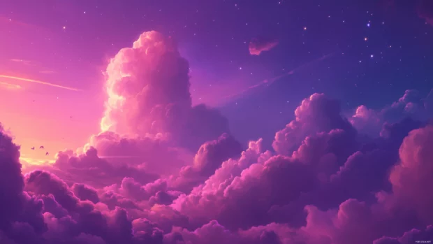 Galaxies in night sky, pink purple nebulae, sense of endless space.