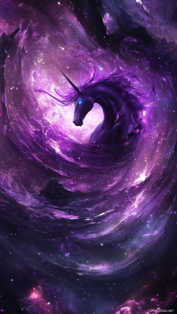 Galaxy Unicorn background with a unicorn surrounded by swirling purple galaxies.