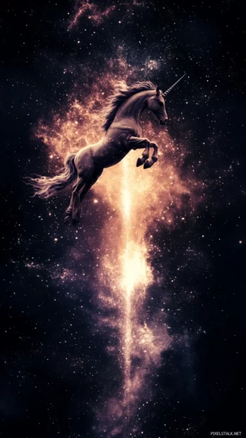 Galaxy themed unicorn flying along a beam of astral light.