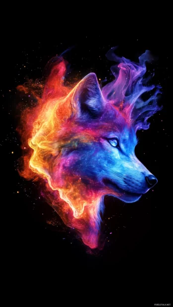 Galaxy wolf iPhone wallpaper showing the face of a wolf blended with a colorful galaxy explosion.