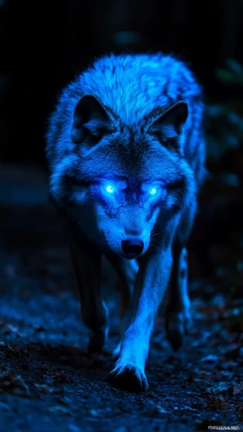 Galaxy wolf wallpaper featuring a glowing blue spirit wolf walking through stardust.