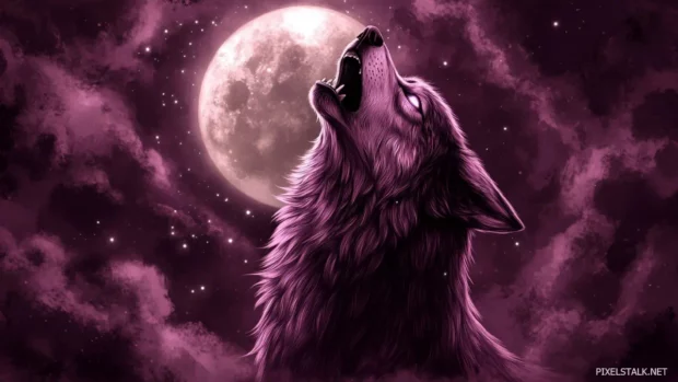 Galaxy wolf wallpaper featuring a glowing purple wolf howling at a moon surrounded by stardust.