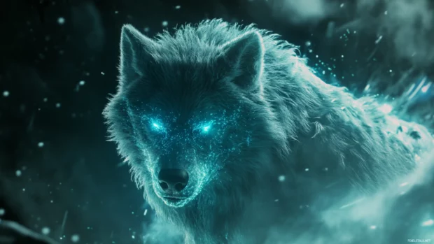Galaxy wolf wallpaper showing a fierce wolf with glowing galaxy fur staring through a solar storm.