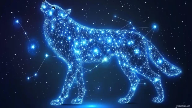 Galaxy wolf wallpaper with a howling wolf and twinkling constellations orbiting its form.