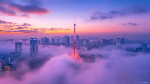 Gentle fog blankets early morning Tokyo Cityscape views.