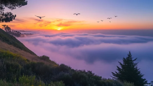 Gentle fog hugs the earth while birds soar beneath a burning sunrise horizon.
