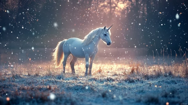 Gentle snowfall sparkles around the unicorn in a peaceful field.