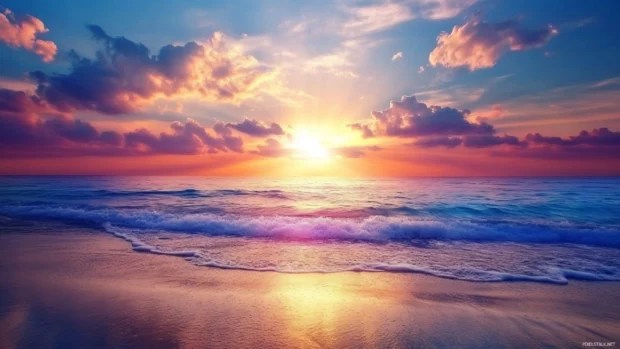 Gentle sunlight breaking through clouds above the ocean for a soft sunrise wallpaper.
