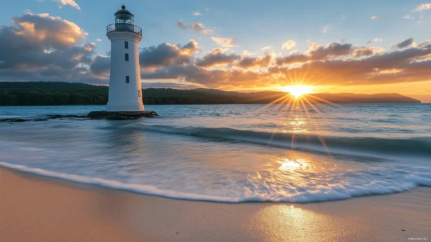 Gentle waves roll onto a sandy beach with a lighthouse and rising sun.