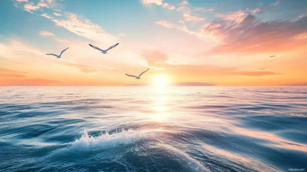 Gentle waves shimmer below flying birds under a breathtaking sunrise horizon.
