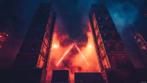 Giant stage speakers glowing in low key concert scene.