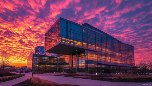 Glass buildings catch fire with the colors of sunrise.