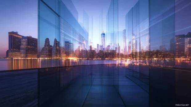 Glass reflections distort the glowing skyline of New York City.