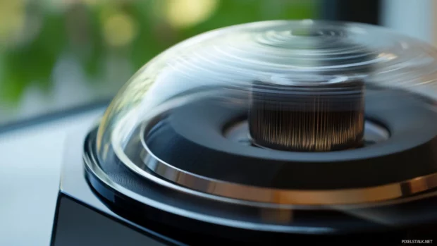 Glass speaker dome with visible vibrating coil.