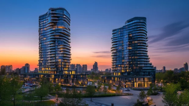 Glass towers sparkling in the Nighttime City twilight.