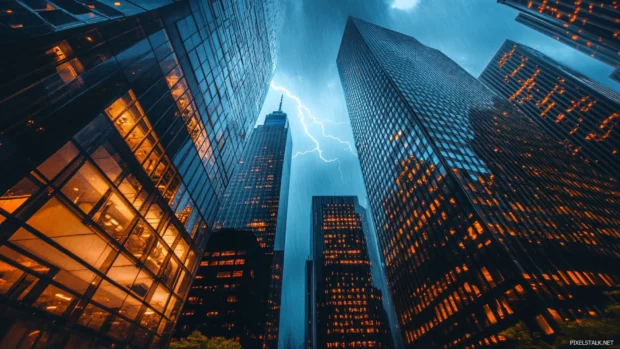 Glassy buildings lit by distant lightning in a raining city wallpaper mood.