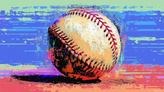 Glitch art baseball theme with pixel distortions, RGB color separation, and a futuristic cyber aesthetic.