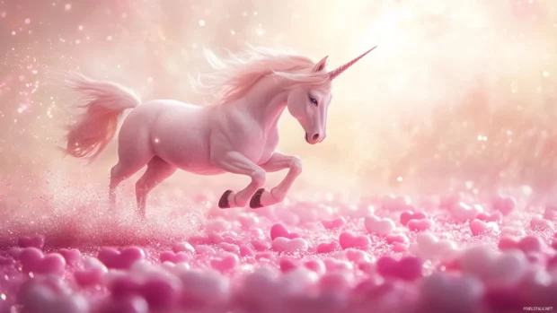 Glitter rain falls as a unicorn jumps across heart shaped stones.