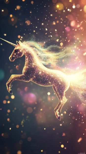 Glitter sparkles trail behind a flying unicorn in this Aesthetic Unicorn iPhone wallpaper.