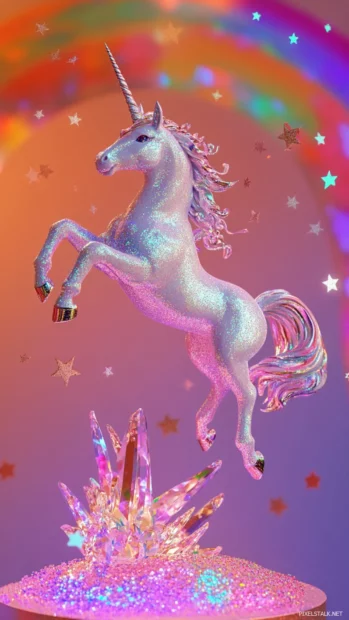Glitter stars form a ring around the unicorn as it floats midair above a rainbow base.