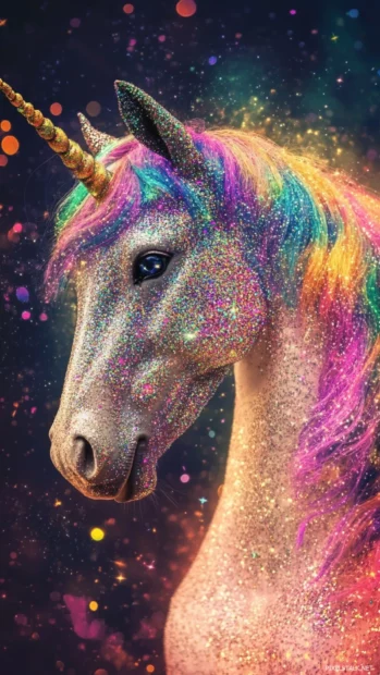 Glitter trails behind the unicorn in this vertical unicorn glitter wallpaper.
