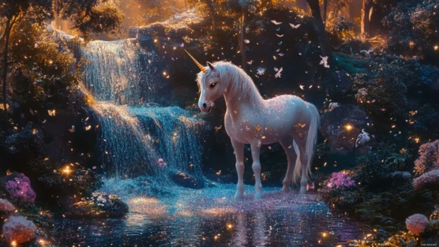 Glitter waterfalls surround a unicorn in a fantasy forest.