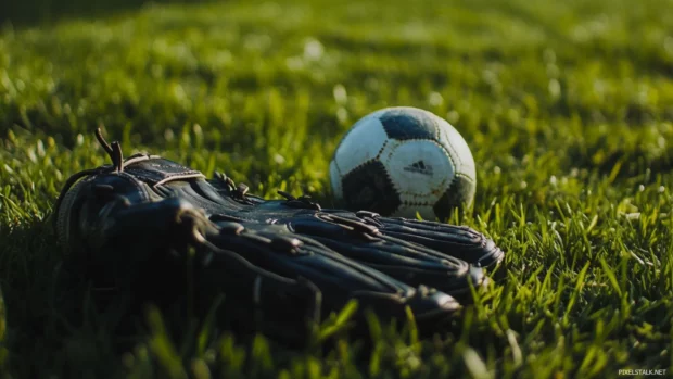 Glove and ball resting on grassy field.