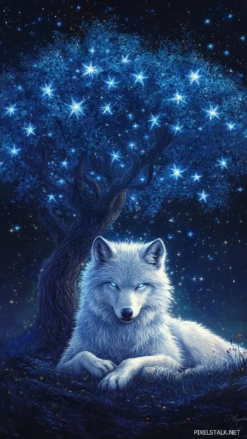 Glowing blue wolf resting under star tree.