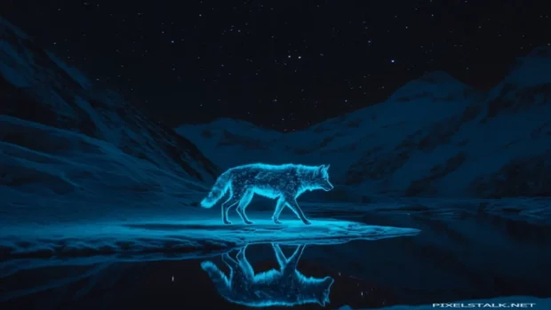 Glowing blue wolf walking on frozen lake under stars.