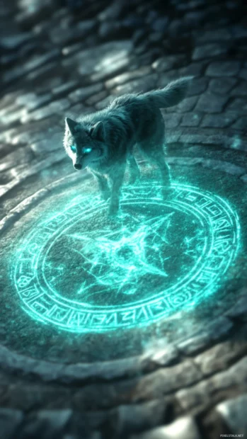 Glowing cosmic runes circle around a floating wolf spirit,.
