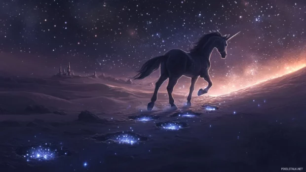 Glowing footprints follow behind a unicorn as it crosses a soft desert of stars.