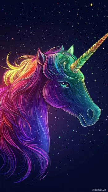 Glowing horn and rainbow mane make this unicorn wallpaper for iPhone look radiant.