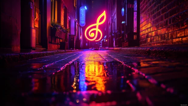 Glowing neon sign in the shape of a treble clef, illuminating a dark urban street at night, with reflections on the wet pavement.