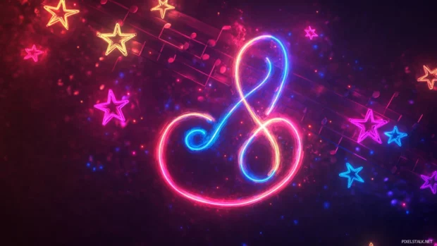 Glowing neon treble clef surrounded by stars designed with inspiration from Minimalist music setup HD wallpaper.