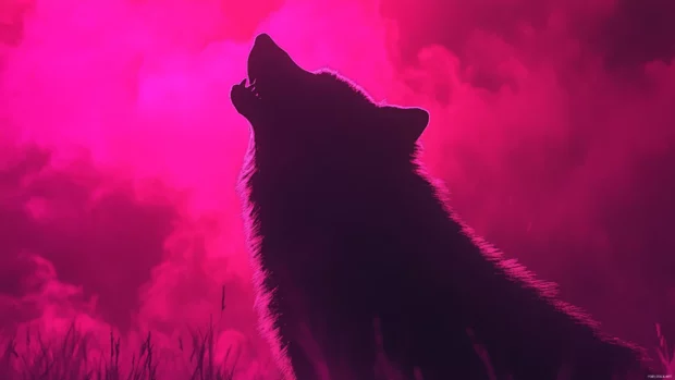 Glowing wolf wallpaper showing a silhouette howling under neon pink and purple sky.