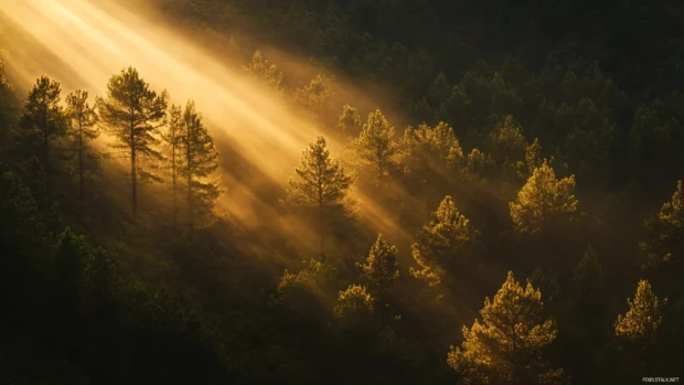 Golden beams filter through pines on a mountain slope at sunrise.