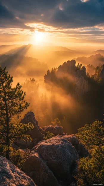 Golden beams illuminate rocky outcrops in this Mountain Sunrise wallpaper.